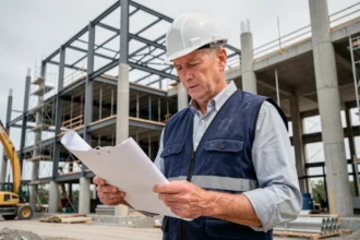 Chef de projet de construction Munilla en veste de sécurité sur un chantier urbain actif, révisant des plans avec une expression professionnelle