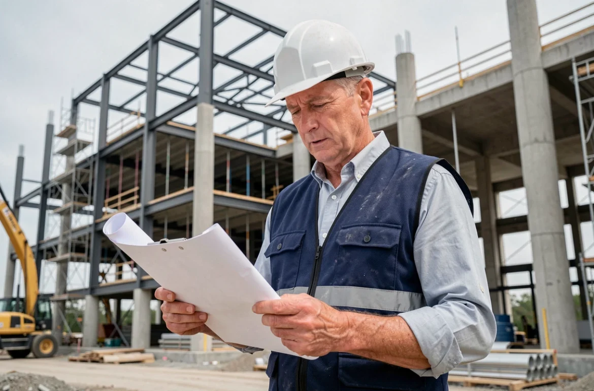 Chef de projet de construction Munilla en veste de sécurité sur un chantier urbain actif, révisant des plans avec une expression professionnelle