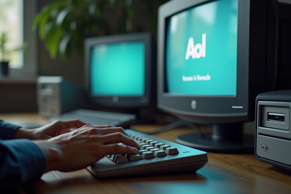 Mains tapant sur un clavier ancien avec écran affichant AOL