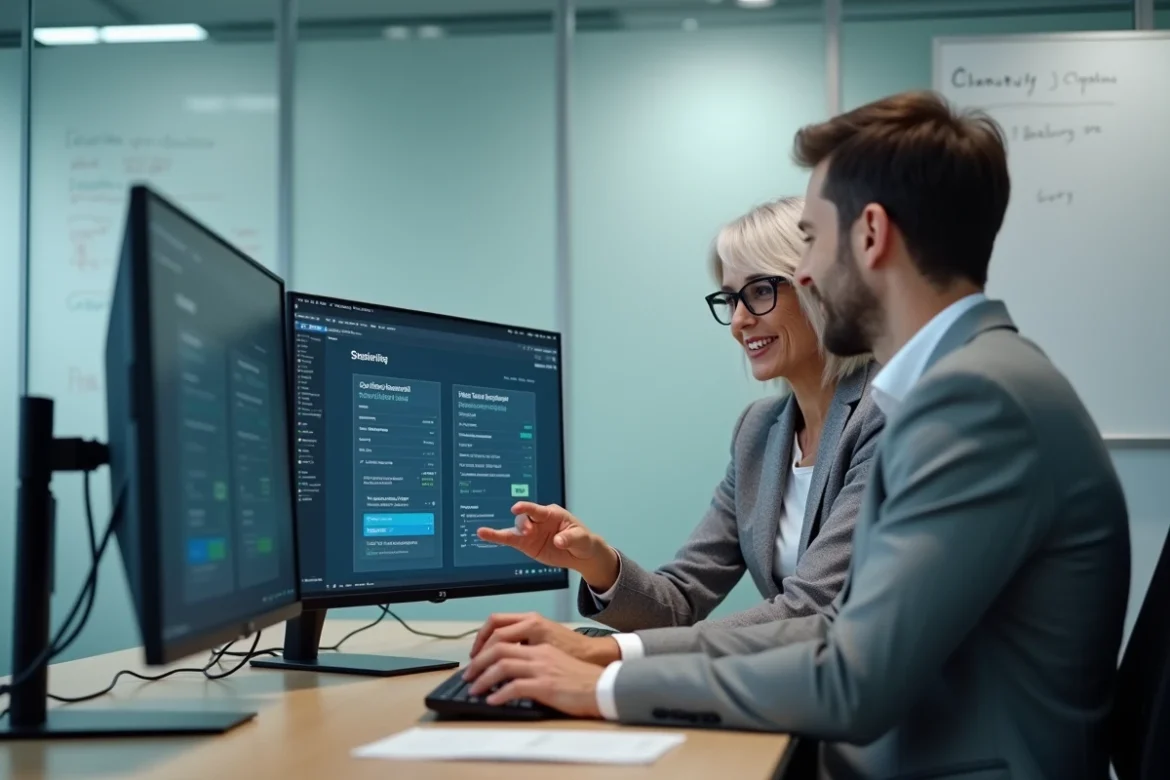 Deux comptables collaborant devant un poste de travail à double écran pour consulter des dossiers clients partagés