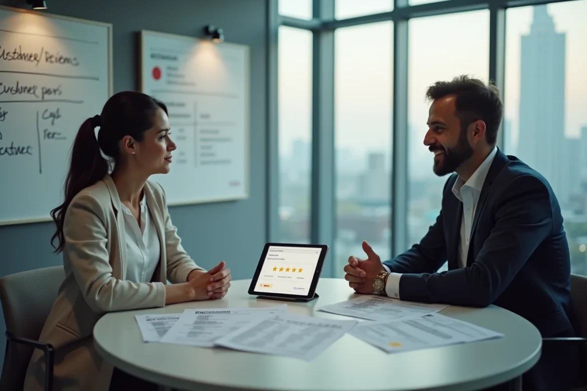 Deux collègues analysant ensemble des rapports d'avis clients et une interface d'évaluation sur tablette lors d'une réunion stratégique pour renforcer l'e-réputation