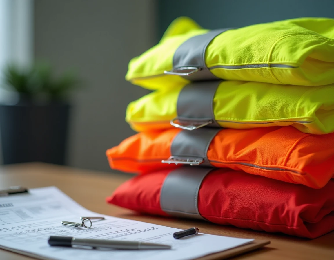 Comparaison de gilets fluorescents personnalisés jaune orange et rouge avec étiquettes de certification et fiche de conformité