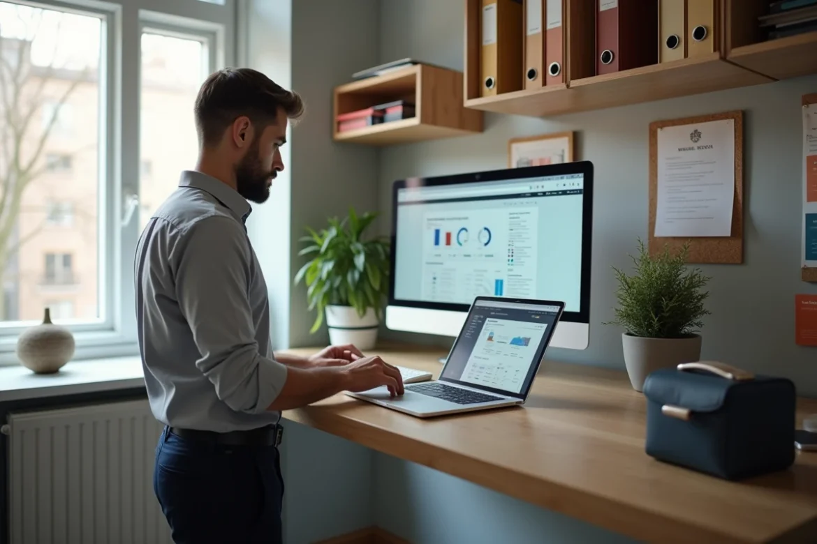 Salarié comparant deux interfaces RH numériques sur laptop dans un bureau administratif organisé