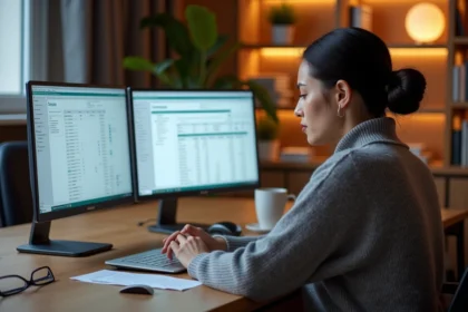 Femme comptable comparant un logiciel de facturation en ligne et un tableau Excel sur deux ordinateurs portables dans un bureau moderne