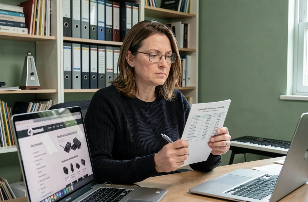 Musicienne comparant les prix sur le site Thomann depuis son bureau