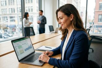 Femme consultant des données de comparaison de salaires par métier sur un ordinateur portable dans un bureau moderne