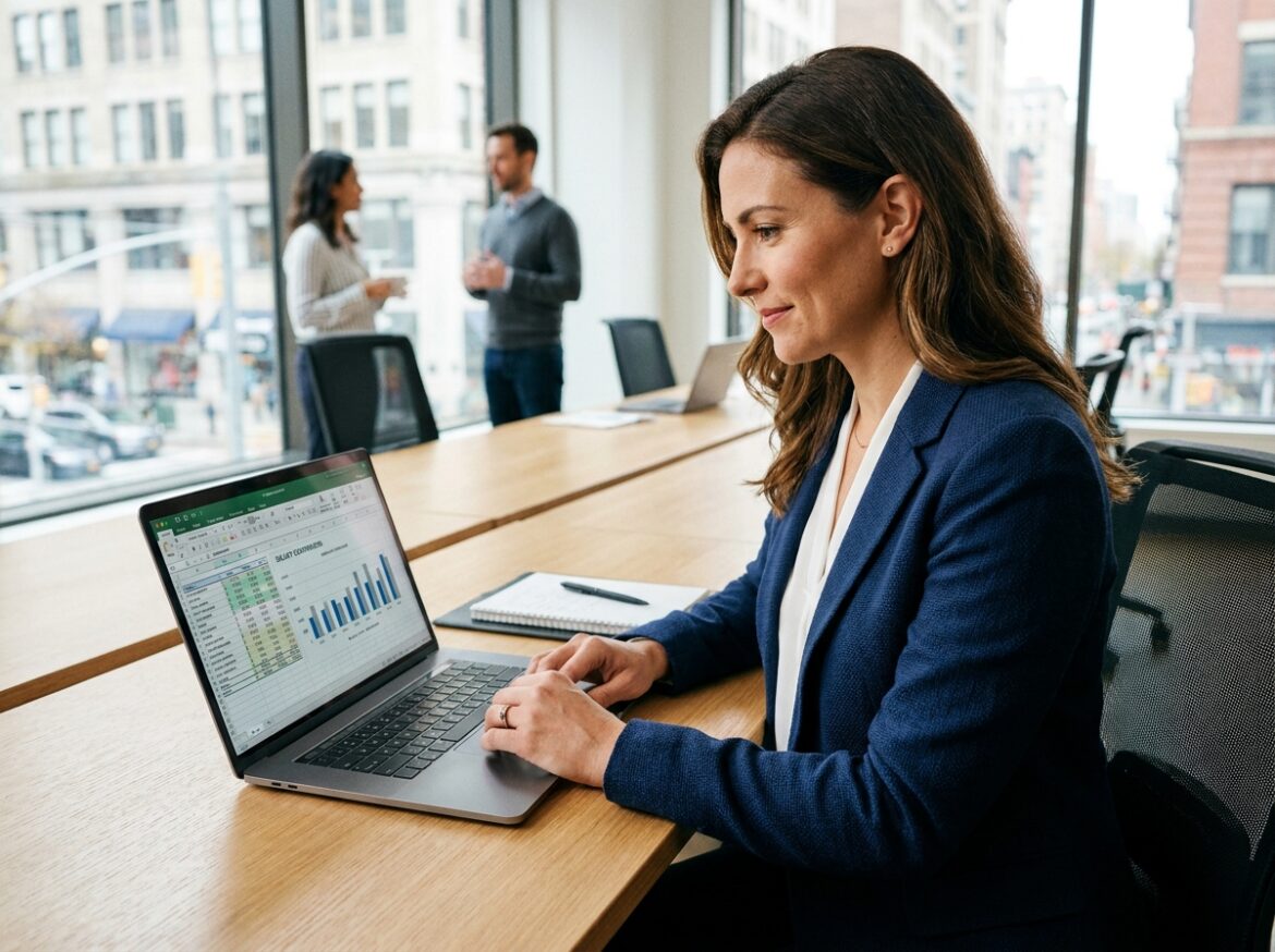 Femme consultant des données de comparaison de salaires par métier sur un ordinateur portable dans un bureau moderne