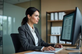 Comptable femme travaillant sur deux écrans affichant des dossiers clients dans un cabinet comptable moderne