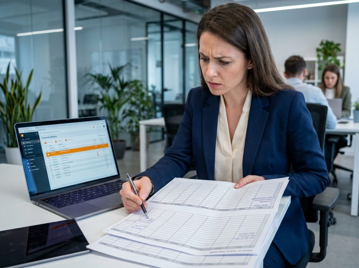 Comptable analysant les erreurs comptables d'une petite entreprise avec un tableau de bord financier affichant des alertes