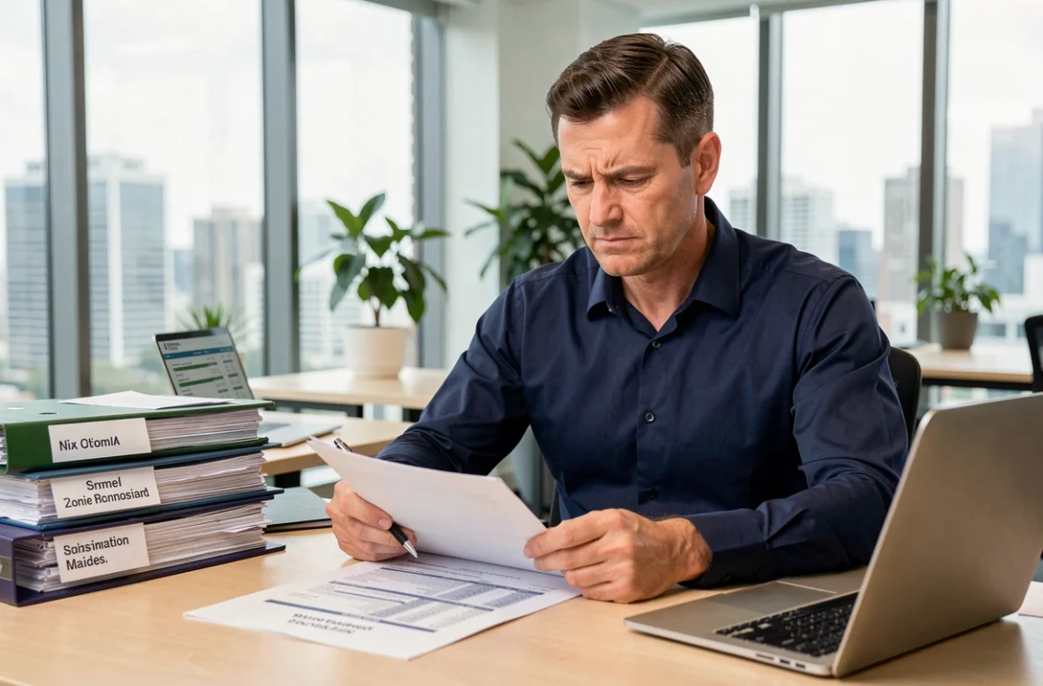 Comptable d'une PME analysant des documents de calcul de la taxe sur les véhicules de société 2026 à son bureau