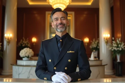 Concierge expérimenté en uniforme de luxe derrière le comptoir d'un grand hôtel 5 étoiles