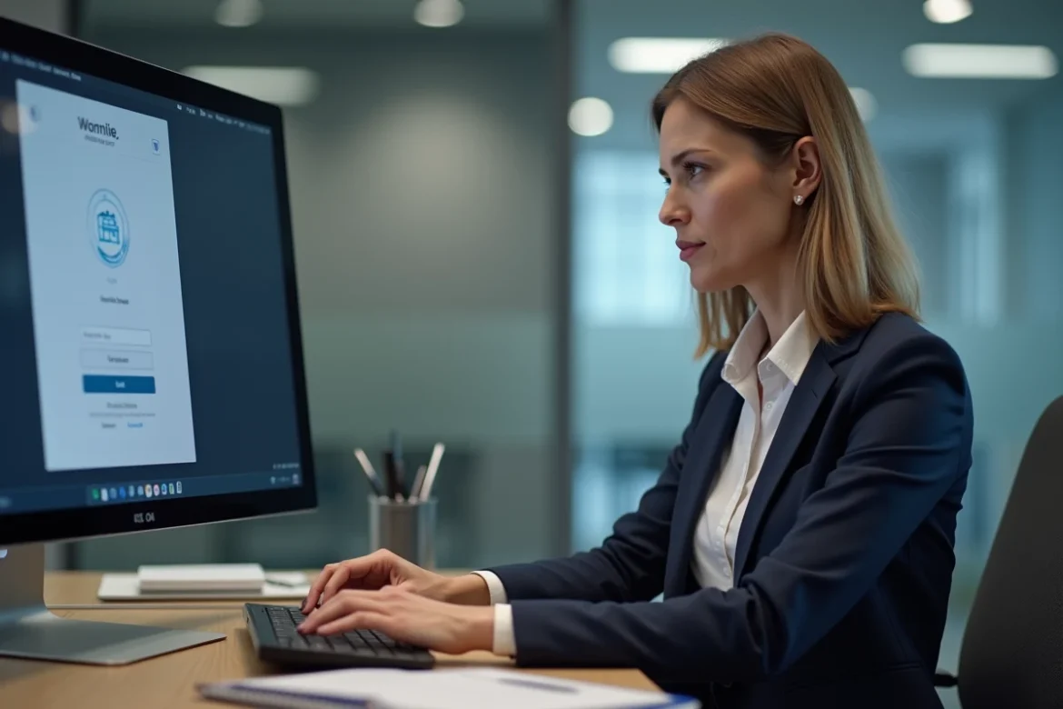 Femme professionnelle configurant Ma Box RH La Poste Connexion sur un ordinateur de bureau en open space