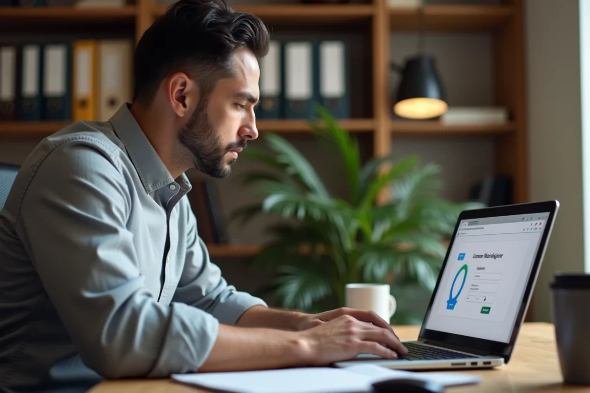 Homme configurant une session RH sur ordinateur portable dans un bureau privé avec étagères