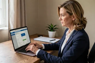 Femme professionnelle se connectant à un portail RH depuis son domicile sur un ordinateur portable