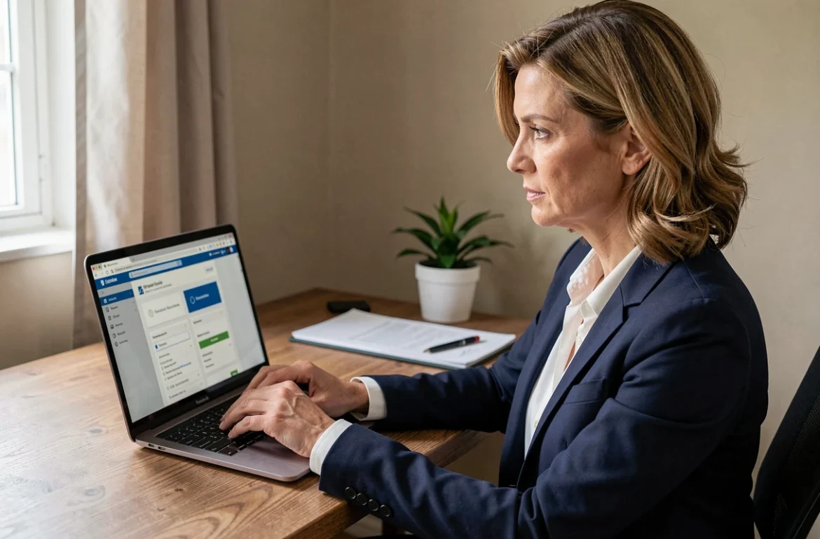 Femme professionnelle se connectant à un portail RH depuis son domicile sur un ordinateur portable