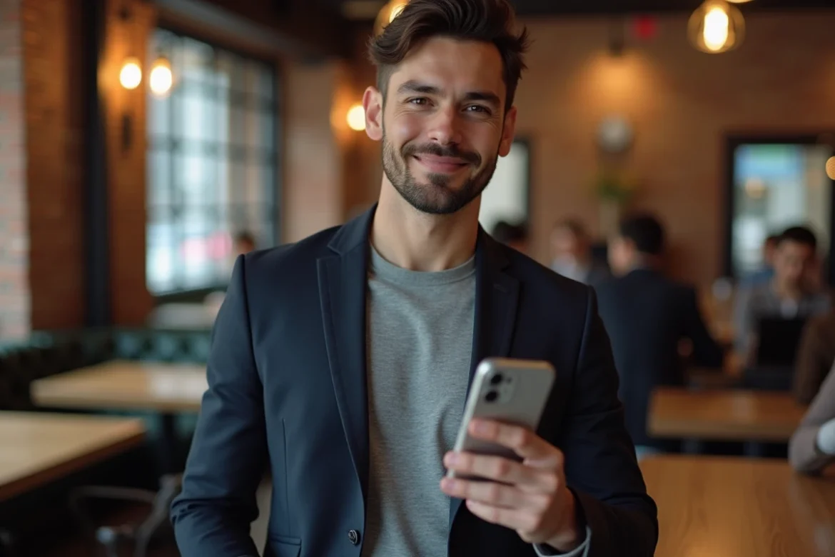 Consultant Chogan filmant une vidéo pour les réseaux sociaux dans un café urbain avec un flacon de parfum