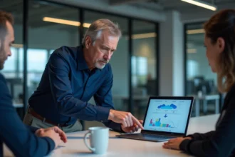 Consultant IT expliquant une architecture cloud sur un ordinateur portable lors d'une réunion en entreprise PME