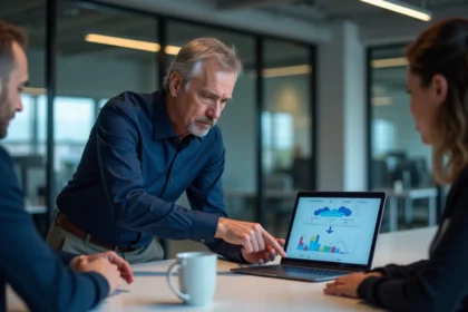 Consultant IT expliquant une architecture cloud sur un ordinateur portable lors d'une réunion en entreprise PME