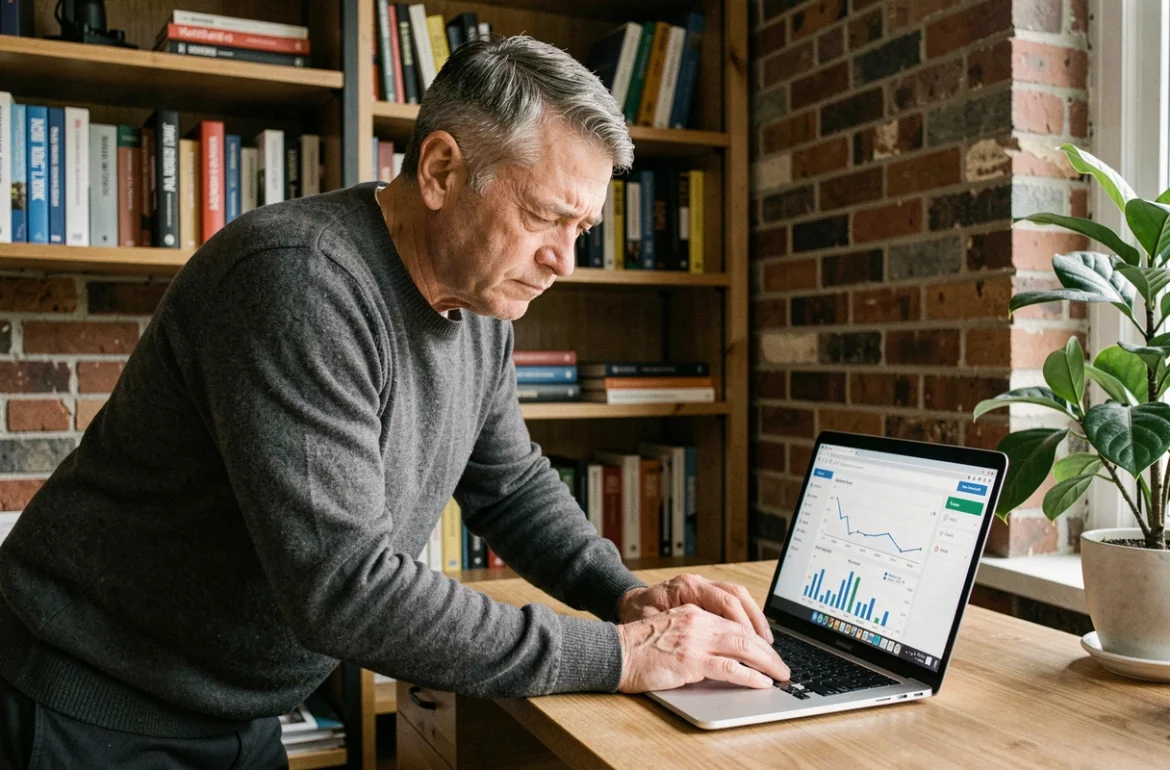 Homme consultant un tableau de bord d'analyse de site web depuis son bureau à domicile
