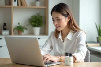Consultante Chogan analysant ses statistiques de réseaux sociaux sur un ordinateur portable avec des flacons de parfum posés sur son bureau