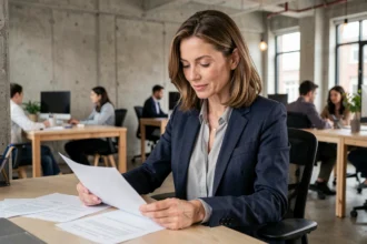 Consultante indépendante en portage salarial analysant un contrat dans un espace de coworking moderne