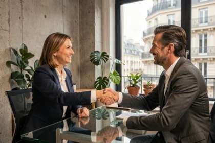 Consultante en portage salarial signant un contrat de mission avec un client à Paris
