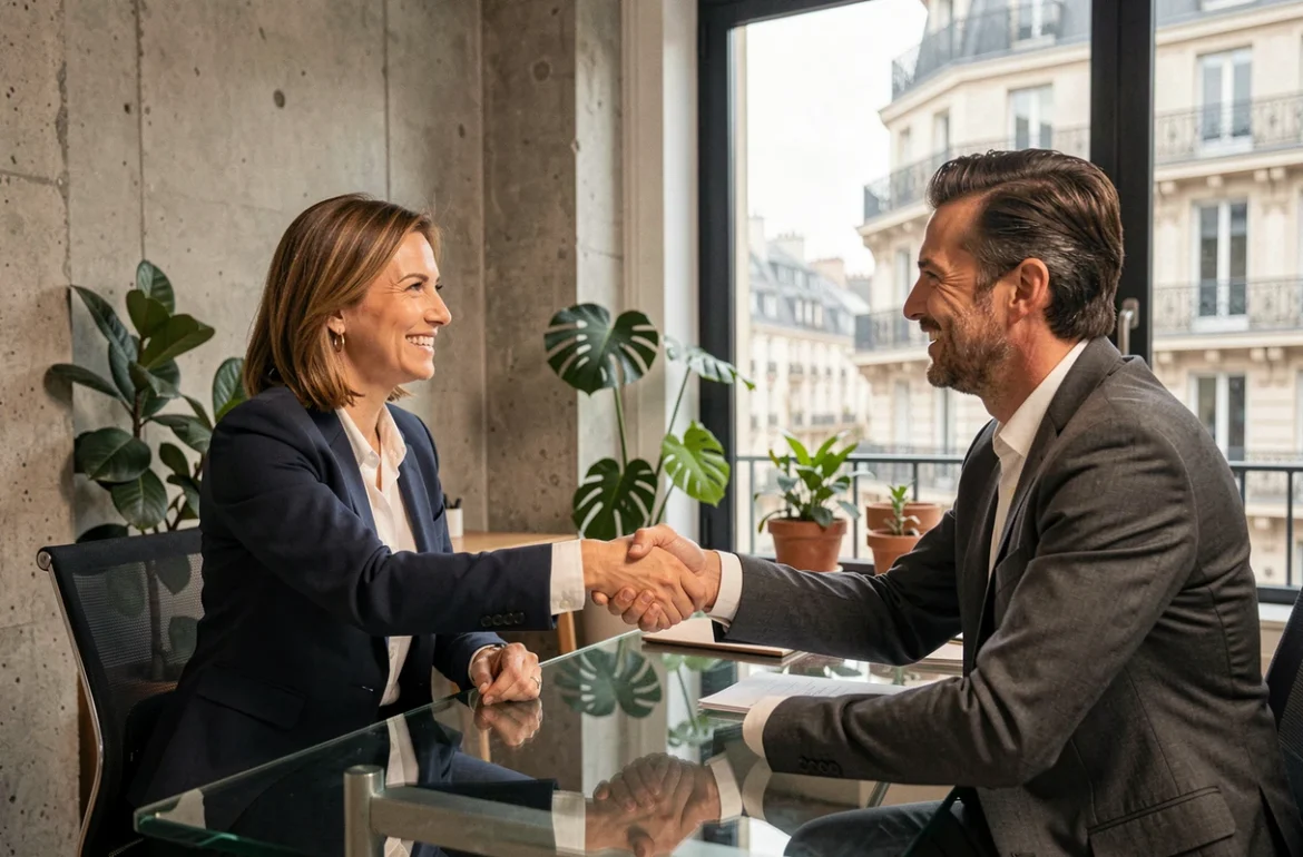 Consultante en portage salarial signant un contrat de mission avec un client à Paris
