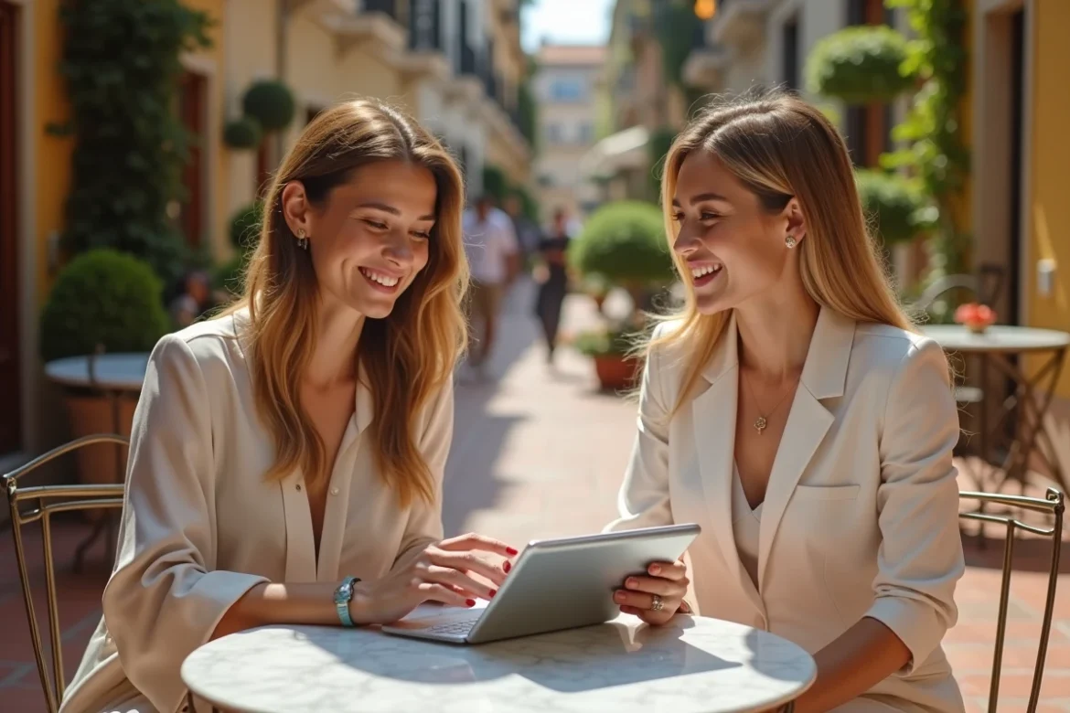 Deux femmes consultant un catalogue Chogan sur tablette en terrasse pour développer leur réseau d'acheteurs