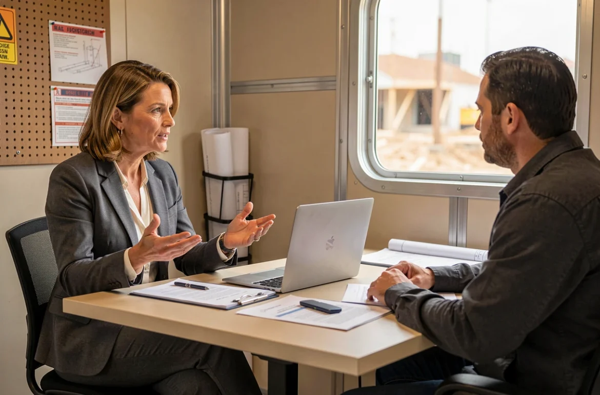 Cliente en consultation avec un représentant de Munilla Construction Management dans un bureau de chantier moderne, examinant des documents de projet