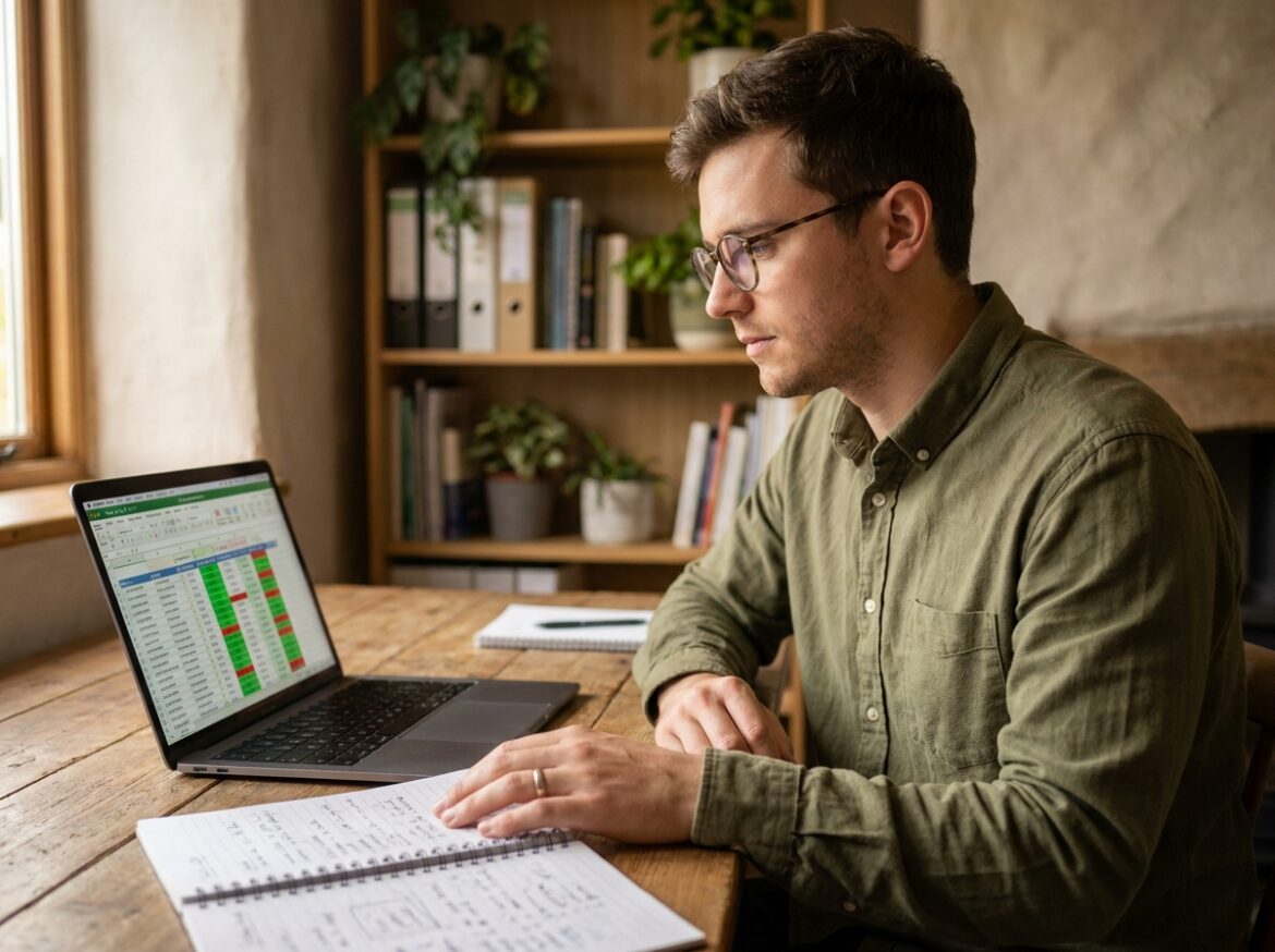 Jeune professionnel consultant une feuille de présence en ligne sur ordinateur portable depuis son bureau à domicile