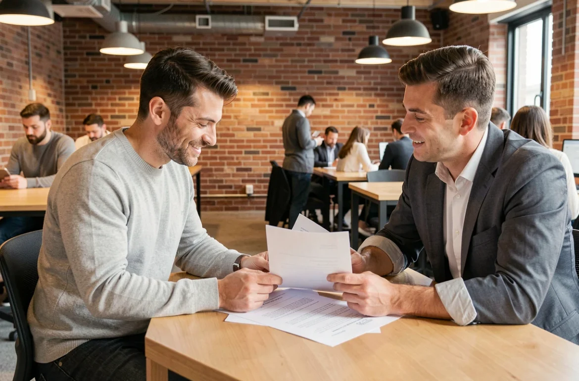 Consultant et freelance discutant d'un contrat de portage salarial dans un espace de coworking contemporain
