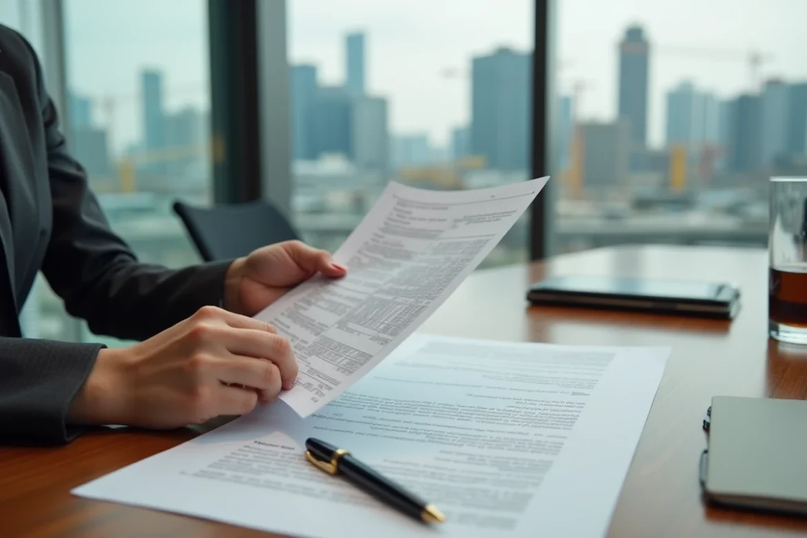 Professionnelle examinant un contrat d'ingénierie avec des clauses d'indexation basées sur l'indice ING de l'INSEE