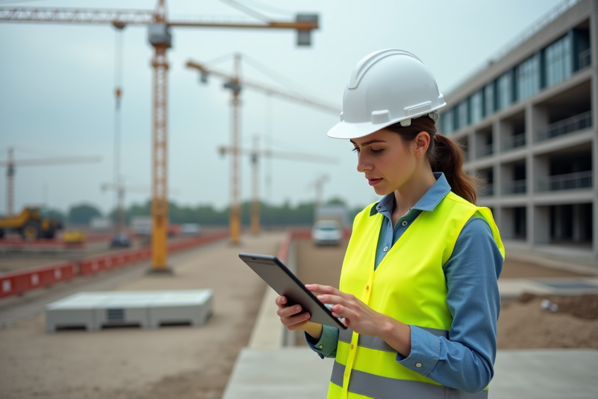 Jeune femme contrôle la sécurité sur un chantier de construction