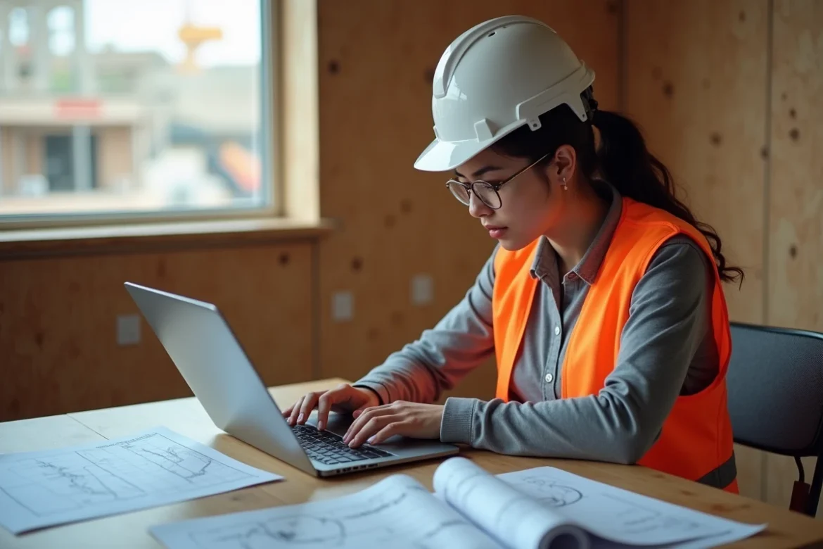 Coordinatrice de projet sur un chantier utilisant un logiciel de suivi de travaux sur ordinateur portable dans un bureau de chantier temporaire