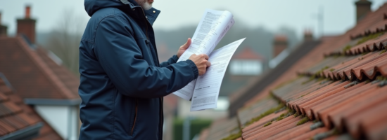 Ouvrier couvreur homme sur toit en terre cuite