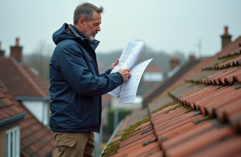 Ouvrier couvreur homme sur toit en terre cuite