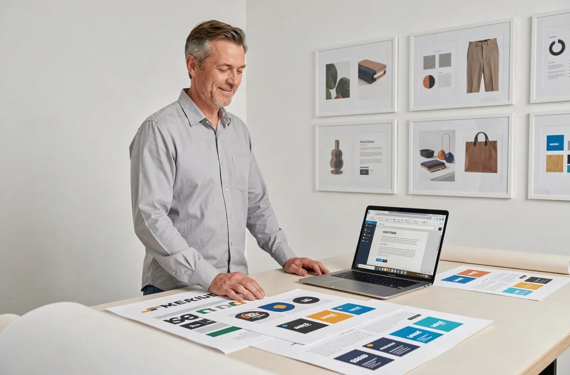 Professionnel digital de Créa Digital Pro debout devant une table de travail avec des documents de stratégie SEO et de branding