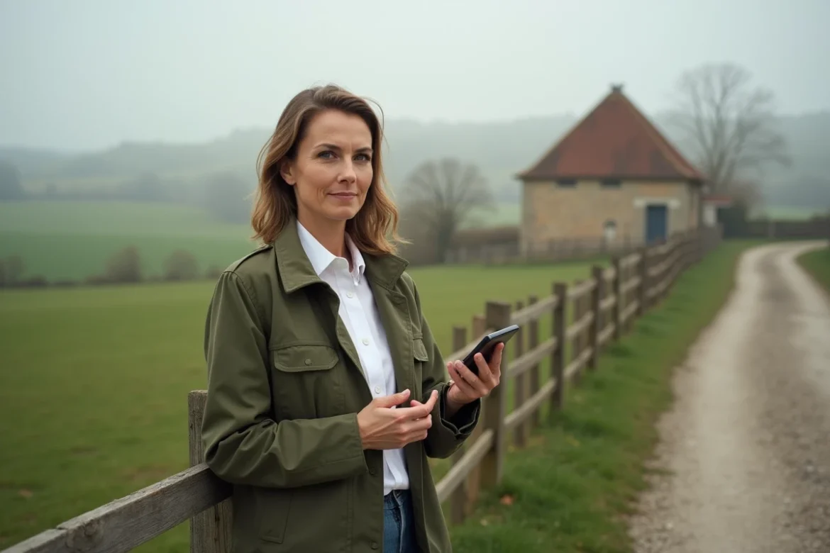 Femme entrepreneure en milieu rural consultant un formulaire administratif sur smartphone près d'une clôture de ferme
