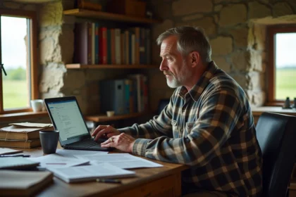 Agriculteur entrepreneur consultant des documents administratifs MSA et Urssaf dans son bureau de ferme en zone rurale