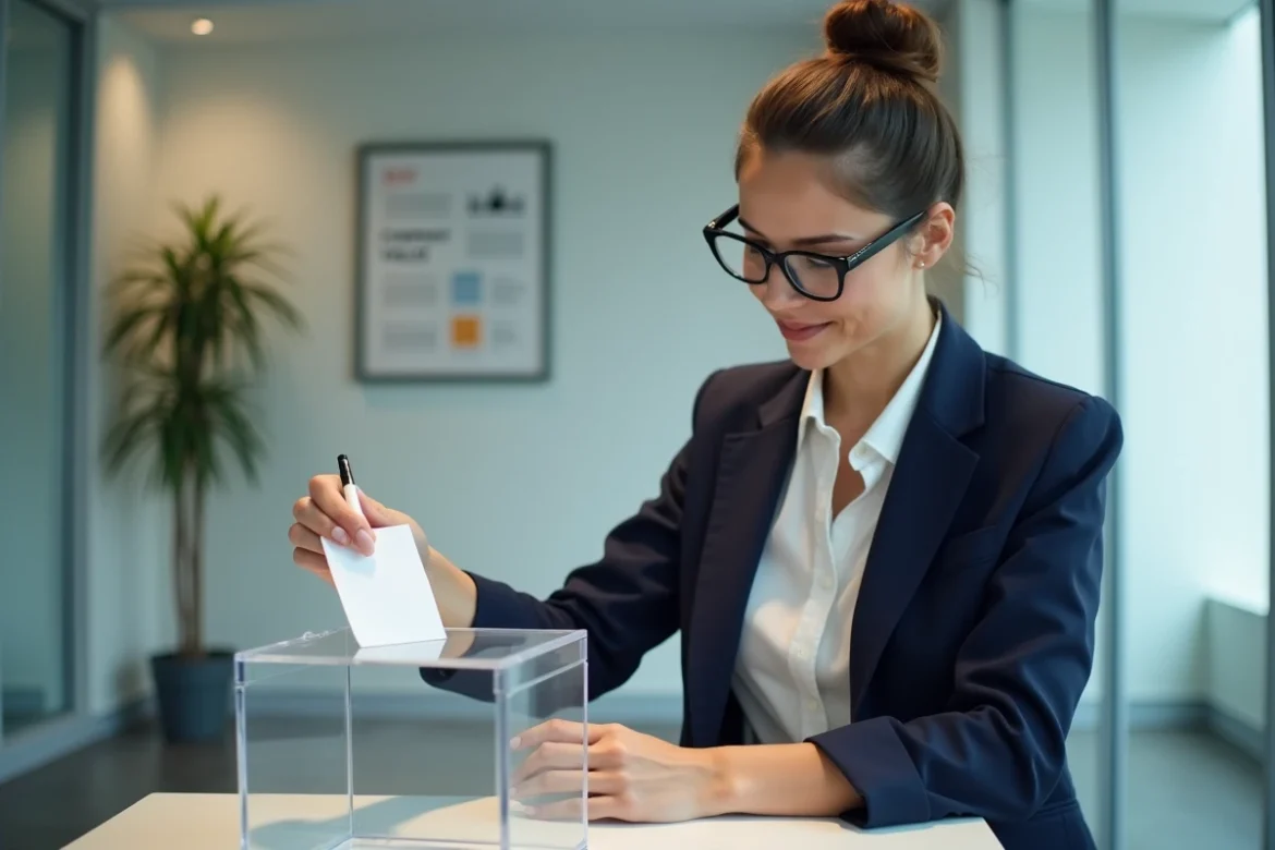 Femme dépôt d'une idée dans une boîte à suggestions transparente dans un couloir de bureau moderne