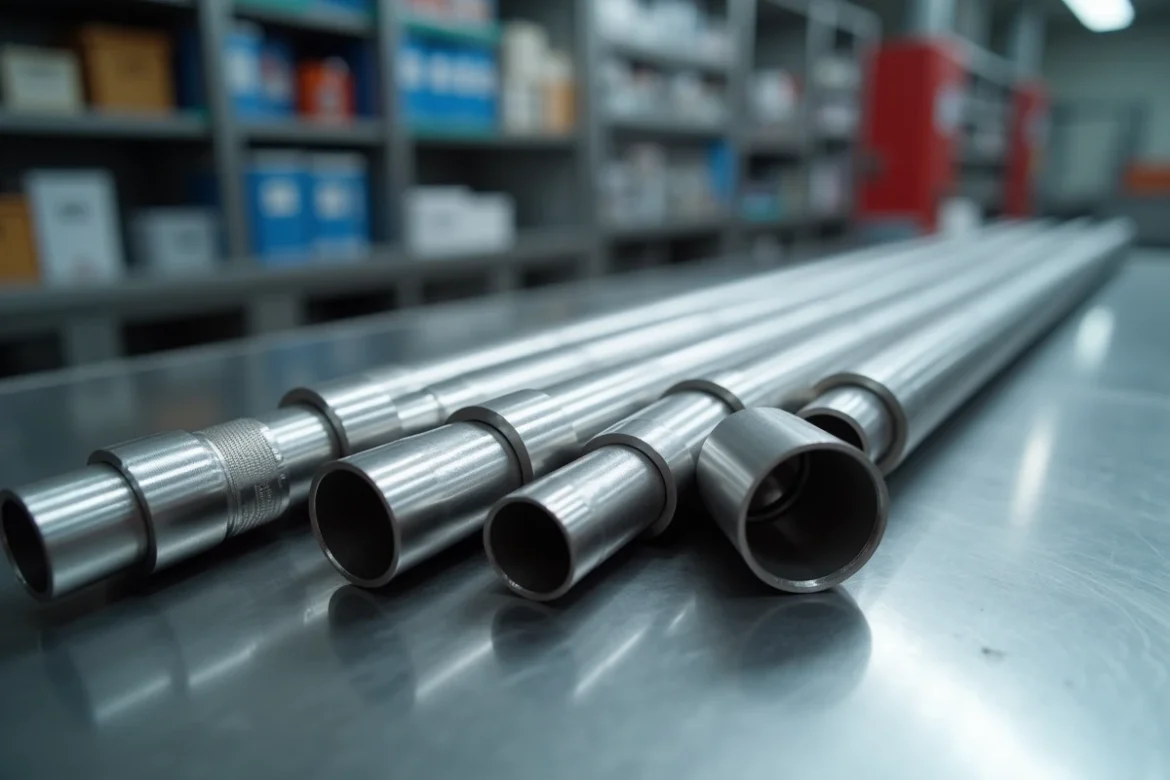 Tubes inox alimentaires de différents diamètres sur établi en atelier de tuyauterie agroalimentaire
