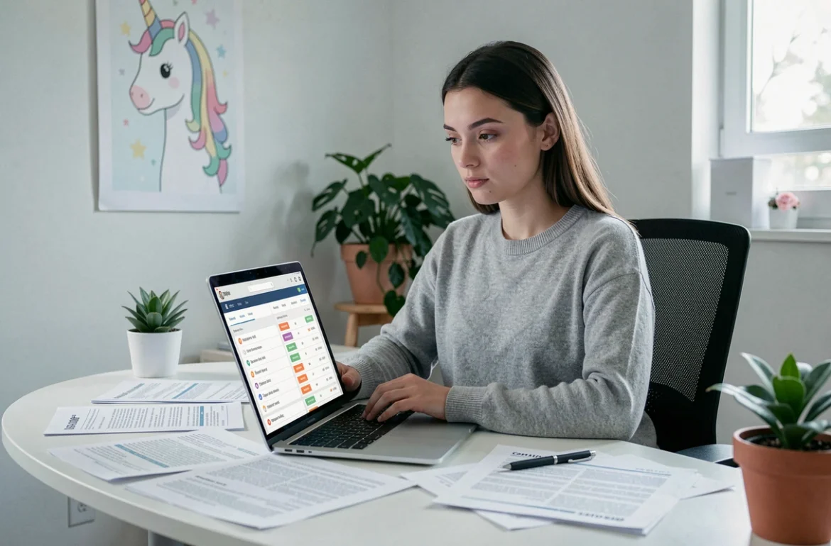 Spécialiste SEO de Digital Unicorn travaillant sur un tableau de bord de référencement avec des plantes et une illustration murale dans un bureau créatif