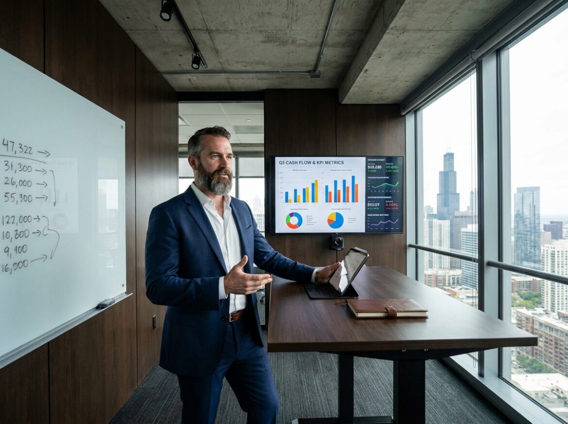 Directeur financier présentant des graphiques de flux de trésorerie sur un écran mural dans un bureau exécutif moderne avec vue sur la ville, illustrant le passage d'Excel vers des outils de gestion financière avancés