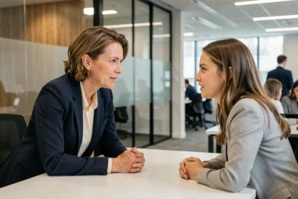 Directrice de Leroy Merlin en réunion de mentorat avec une collaboratrice dans un bureau moderne, illustrant le réseau professionnel féminin