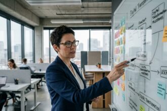 Directrice de projet présentant une feuille de route de transformation numérique sur un tableau blanc en entreprise