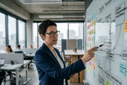 Directrice de projet présentant une feuille de route de transformation numérique sur un tableau blanc en entreprise