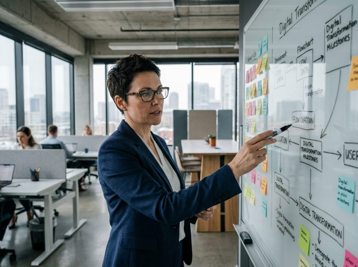Directrice de projet présentant une feuille de route de transformation numérique sur un tableau blanc en entreprise
