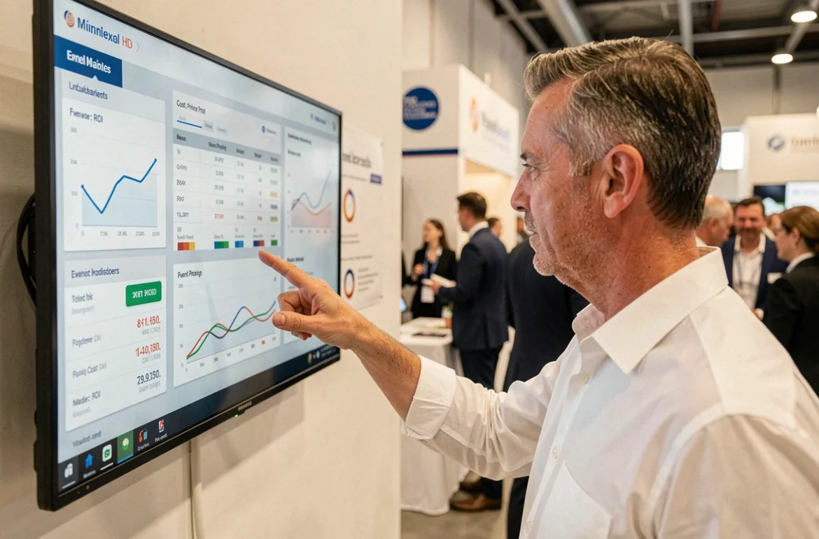 Dirigeant d'entreprise présentant les données de retour sur investissement d'un événement professionnel sur un écran interactif lors d'un salon en 2026