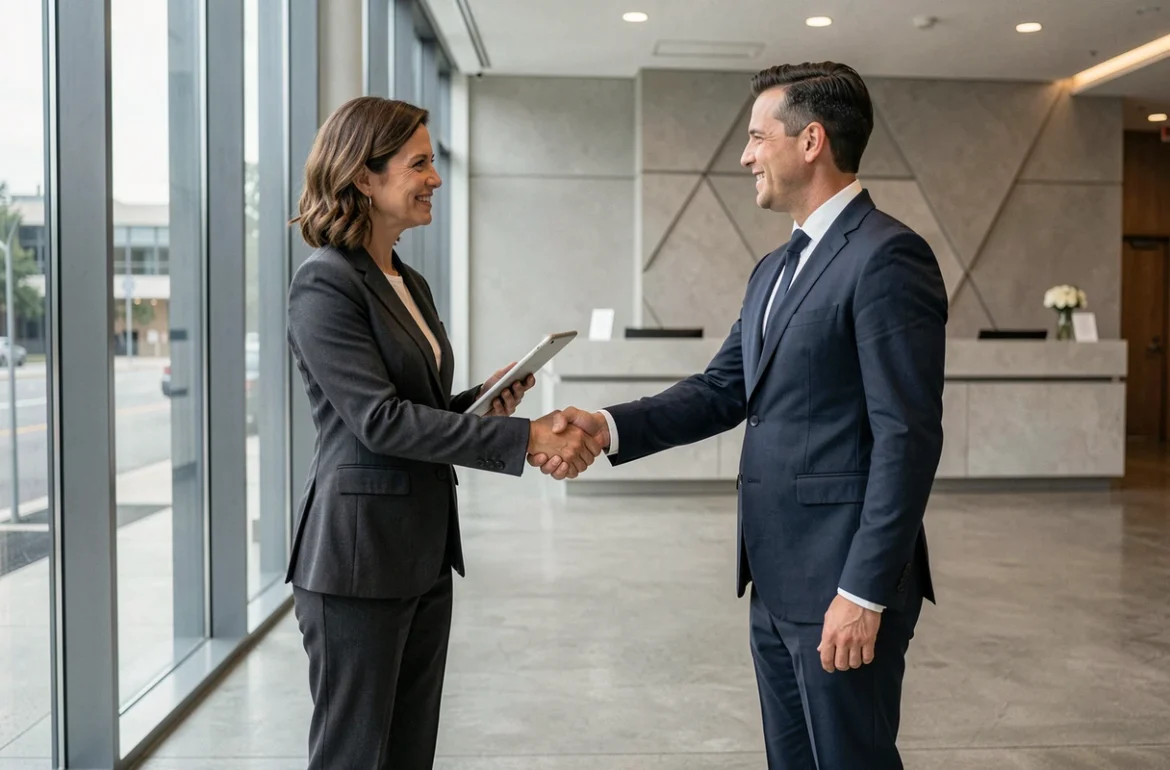 Femme dirigeante dans le hall d'un siège social illustrant le réseau professionnel et les relations de mentorat d'une directrice de grande enseigne