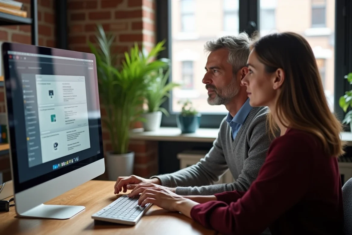 Deux dirigeants de PME consultant une interface cloud avec l'accompagnement d'un prestataire informatique spécialisé